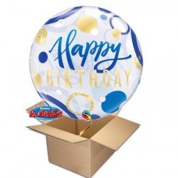 Ballongruss Bubble Happy Birthday Blau & Gols Dots